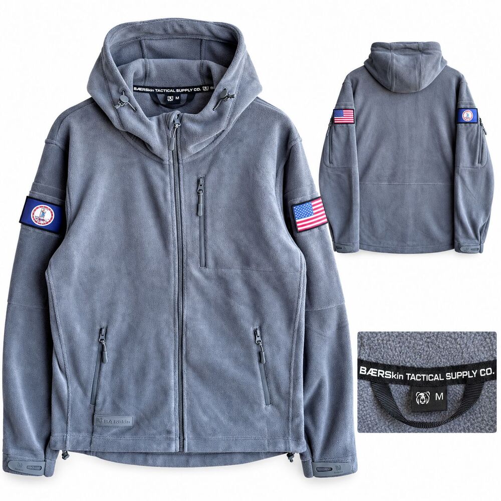 Baerskin Tactical Fleece Hoodie Mens M Gray Full Zip Multi Pocket Utility Jacket